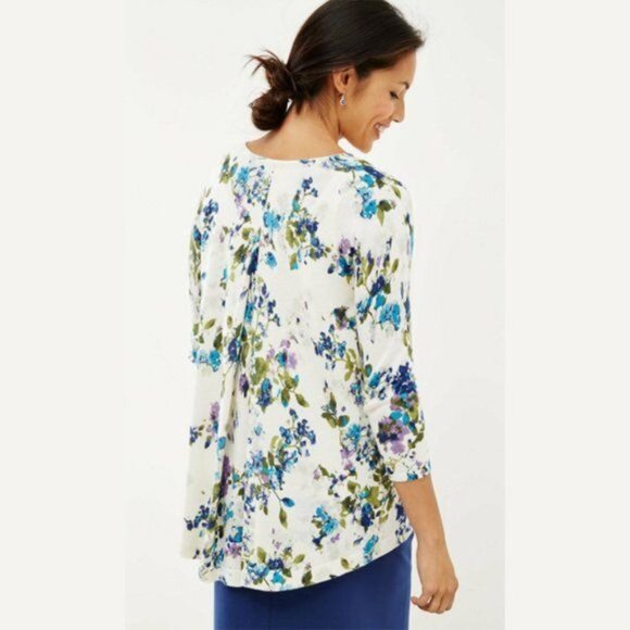 J Jill Cardigan Sweater Pleated Back Floral Button Front White Blue Size Small - Picture 2 of 12